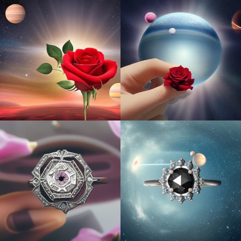 upbeat and happy diamond ring and rose arrangement and planetary scene