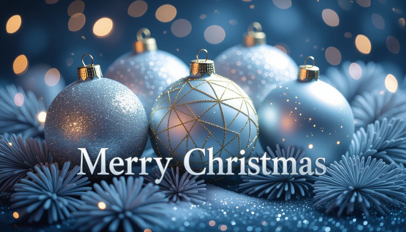 A festive Christmas card design with gold sparkles and intricate details. The hyperrealistic image features silver and white ornaments in a ...