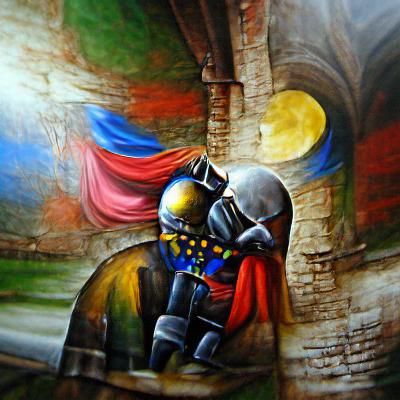 Knight holding his head medieval heroic painting colorful ep...