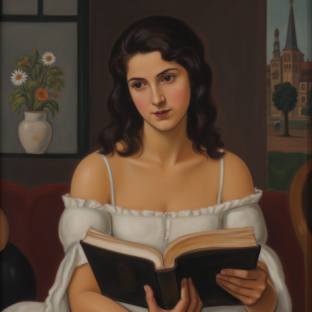 Psychological Portrait of a enchanting woman reading a big book in the style of  <lora:Soft Symbolism:1.0>