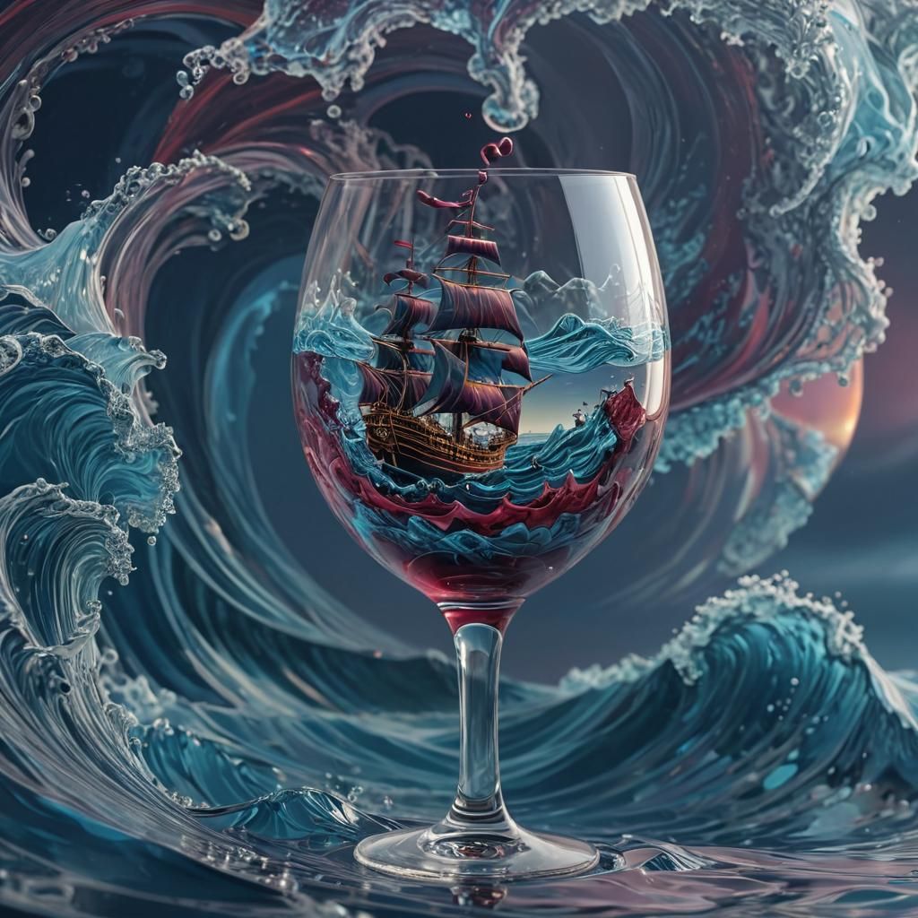 Ship in Wine Glass on Turbulent Ocean: Fractal Art