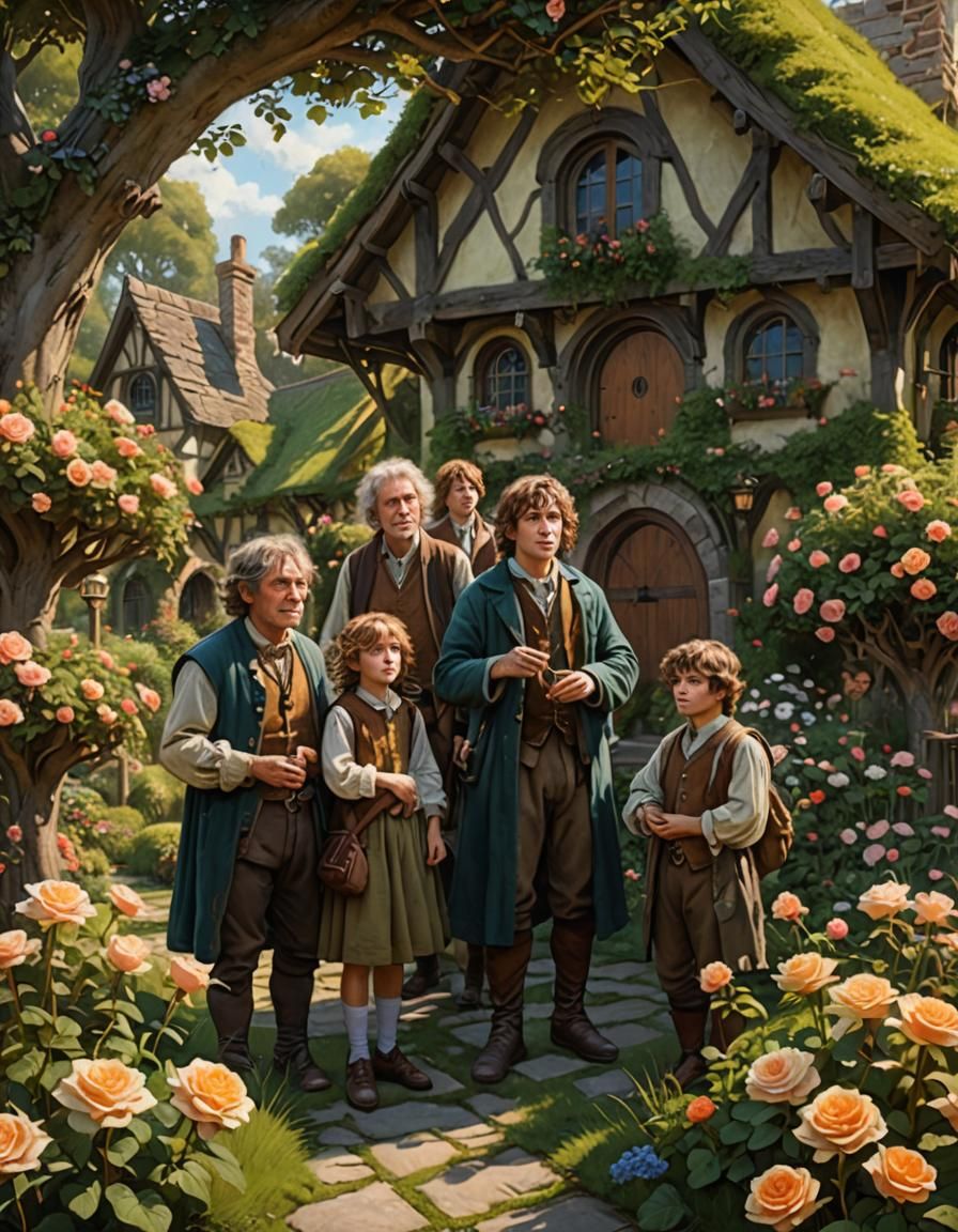 family of hobbits living in the shire rose garden outside cottage oil