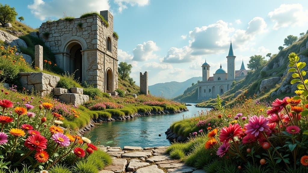 Flowery Burak ruins 3D cityscape growing from a mobile phone, highly very coherent, Vibrant colors, Velvet scenery, Oppression, amazing dept...