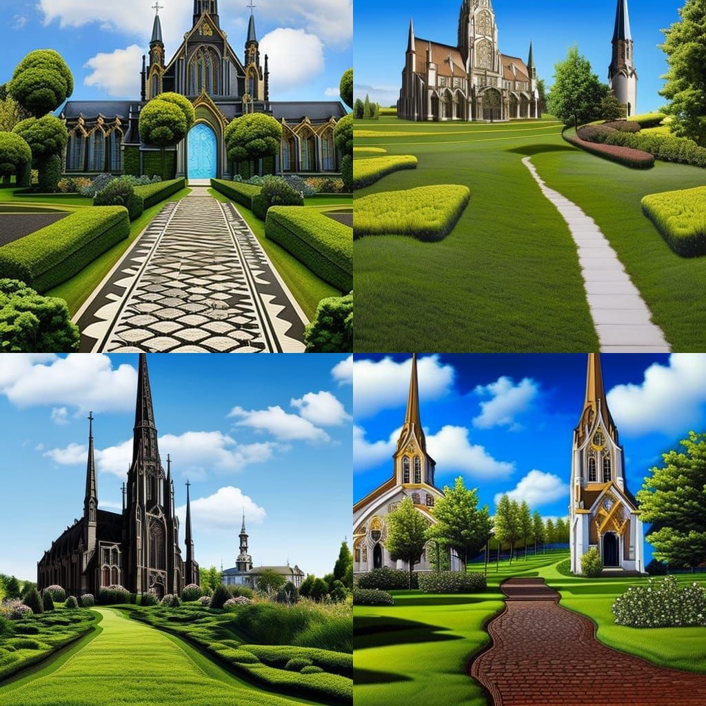 Rococo Art nouveau goth big Church tiled path to the church, grass