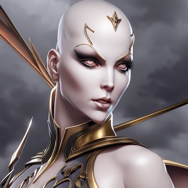 bald confident goth female gynoid android, head and shoulder...