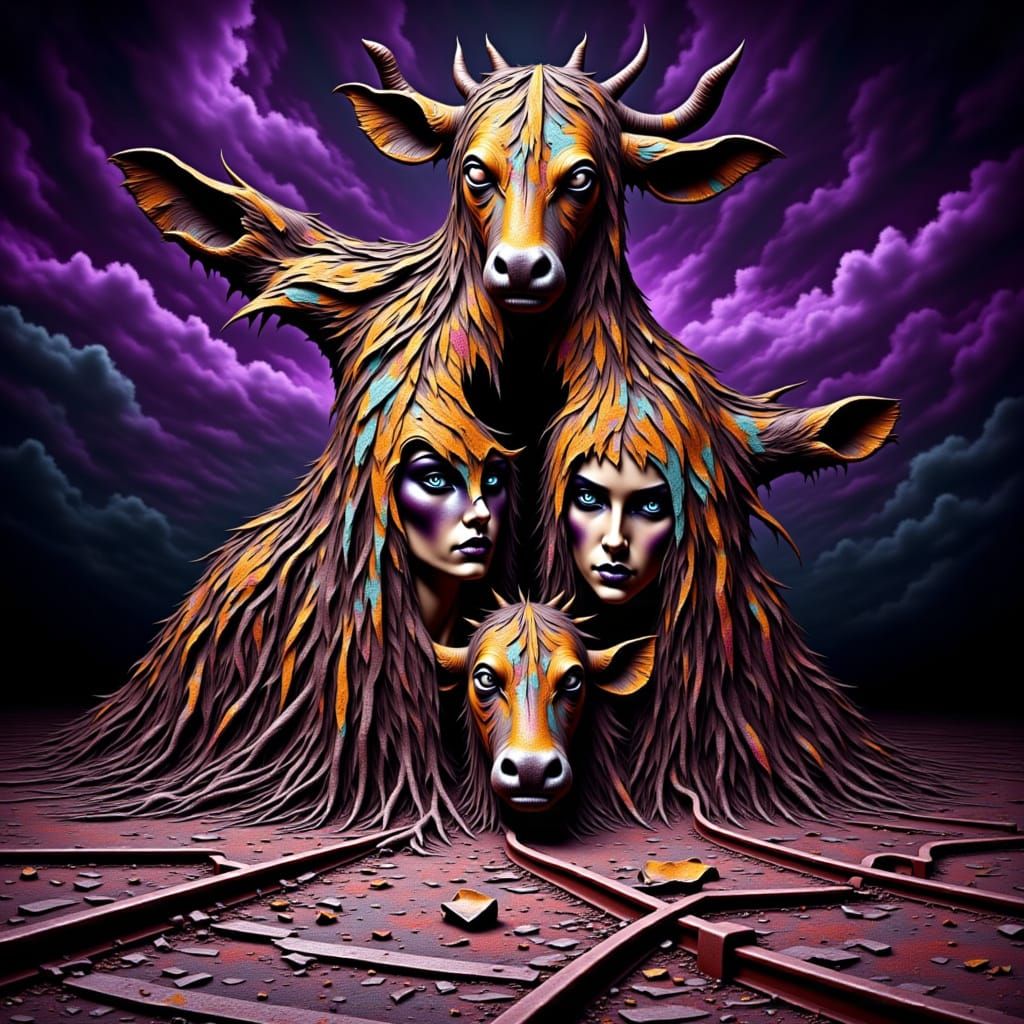 Surreal Train Tracks Landscape with Two Women