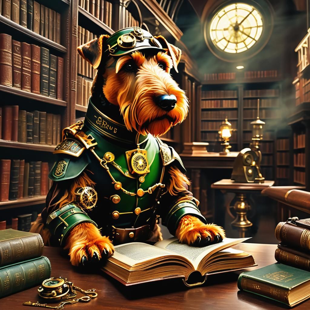 Steampunk Airedale Terrier in Army Uniform reading old book - AI ...