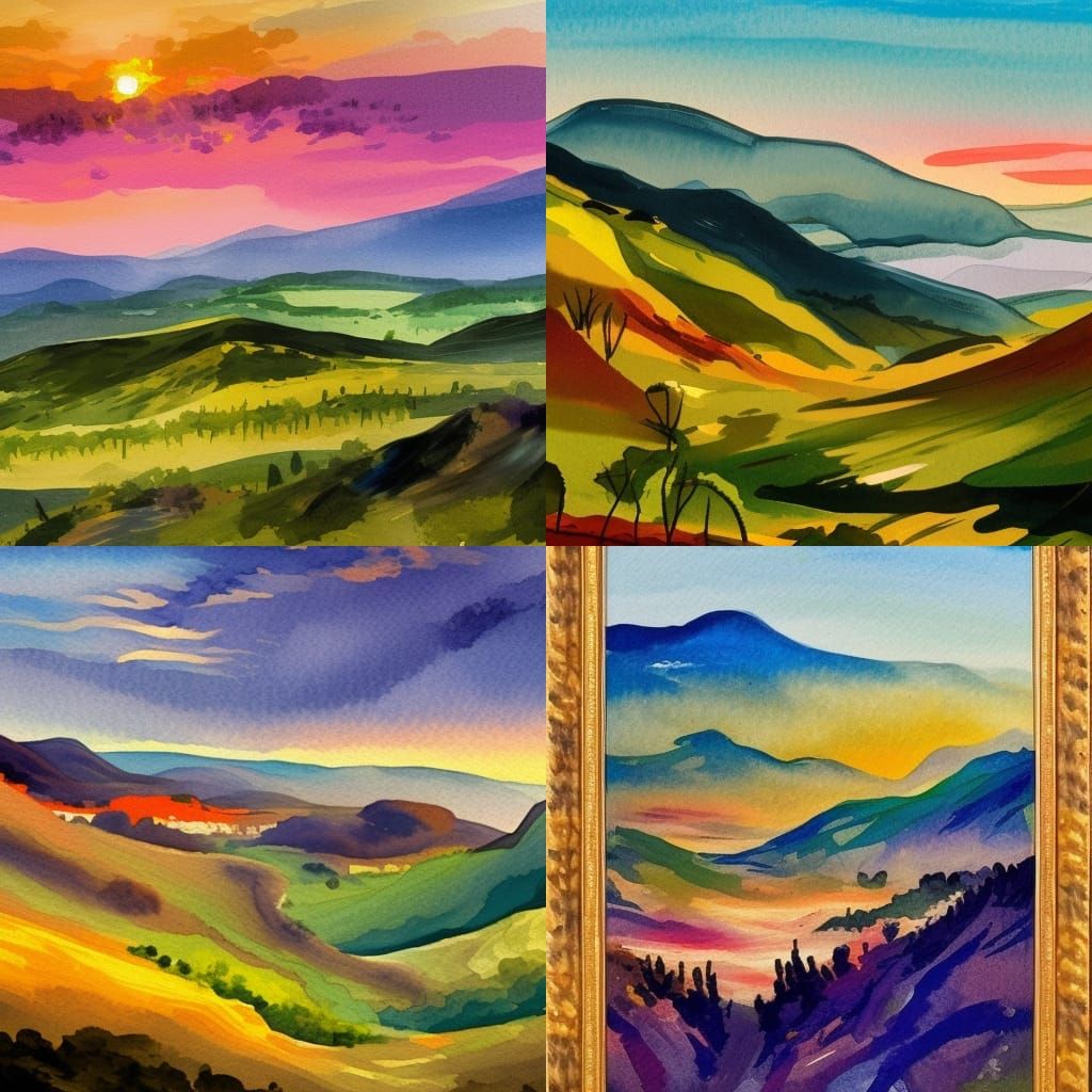 Two hills in the evening, crossing from right and left, descending into