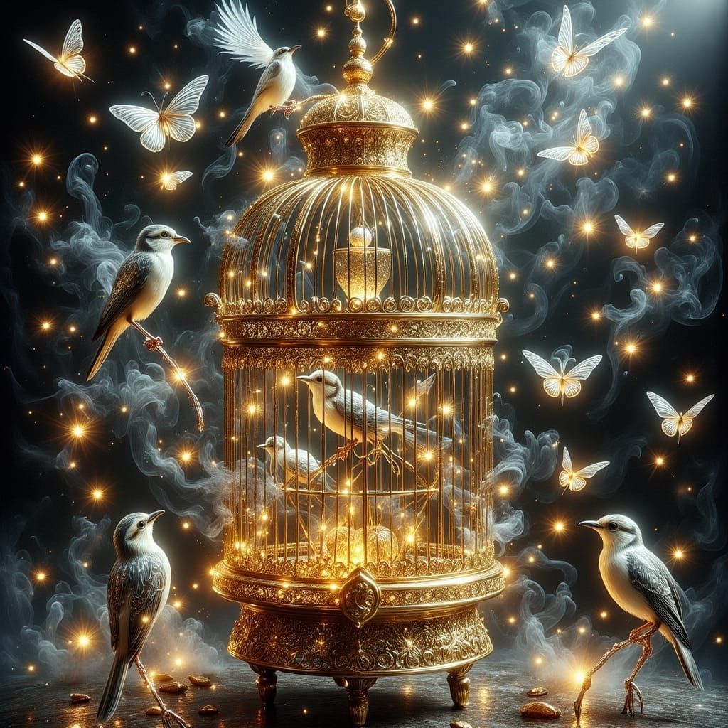 Giant classic birdcage in golden, silver and black, inside the birdcage is a garden paradise with the most exotic birds, HDR, splatter, wate...