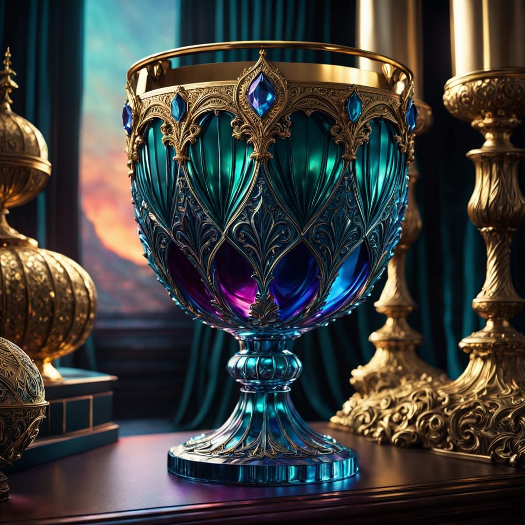Golden Goblet on Velvet Altar in Ornate Textured Acrylic