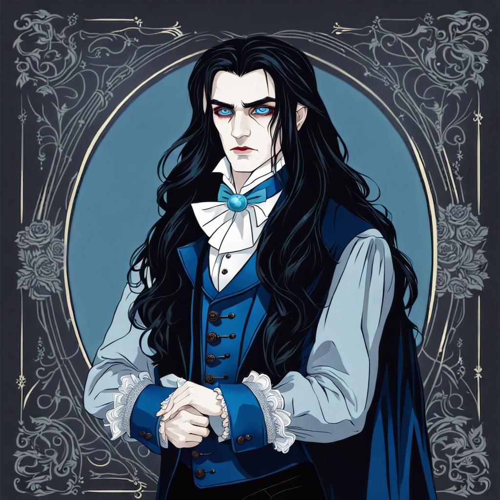 Young gothic aristocrat vampire with long black hair and blu...