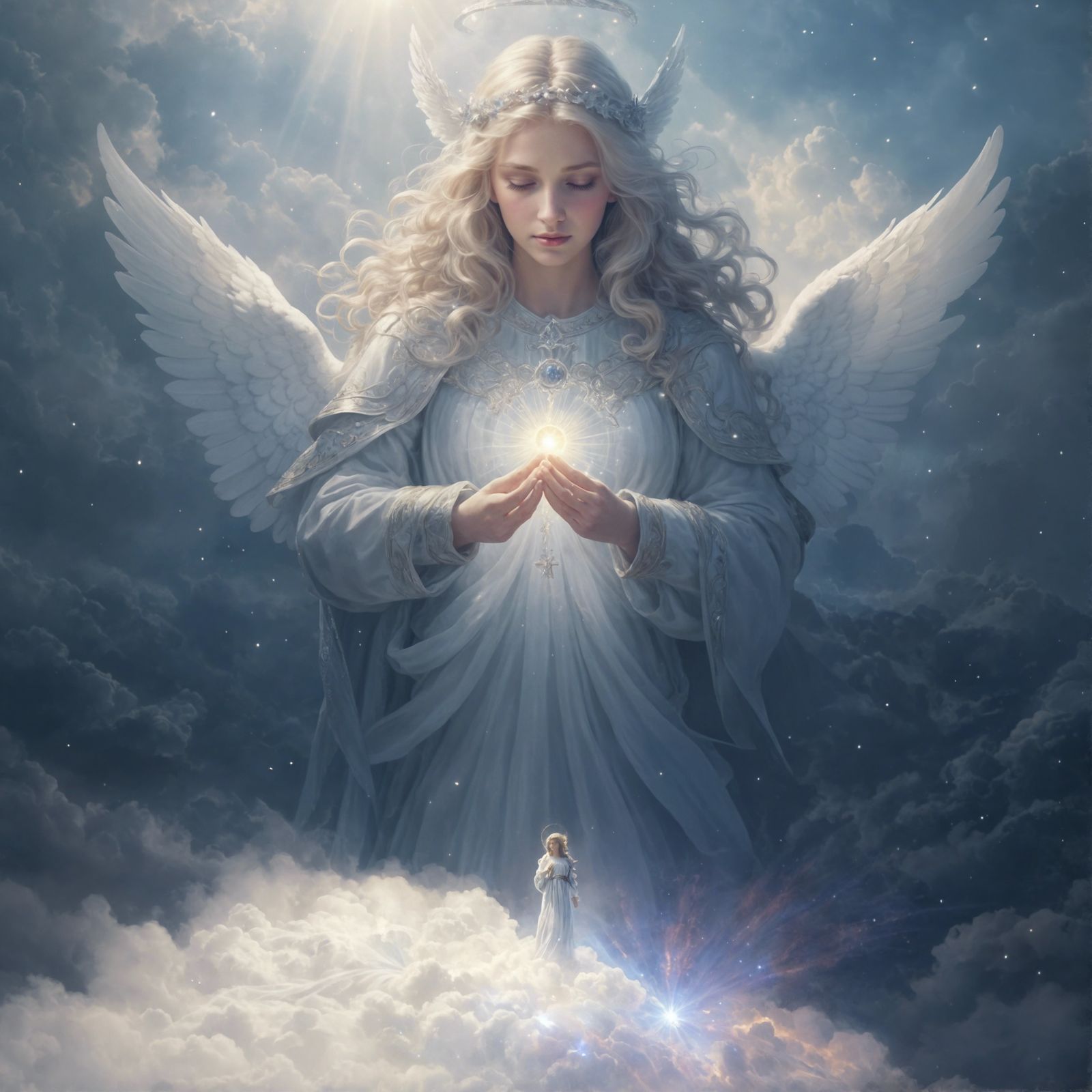 A beautiful  guardian angel watching over a mortal, providin...