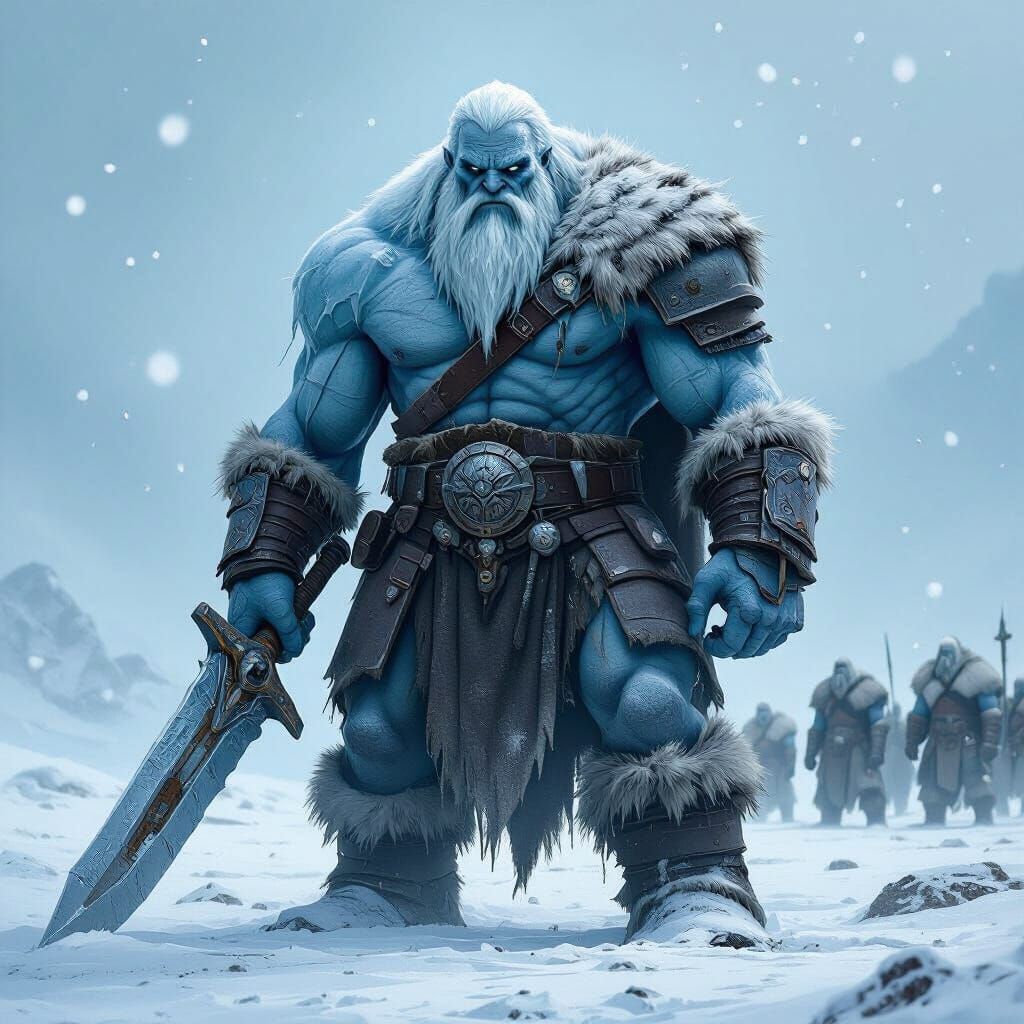 A hyper-realistic depiction of a colossal ice giant chieftain standing at the forefront of a vast, desolate tundra. The giant has a humanoid...