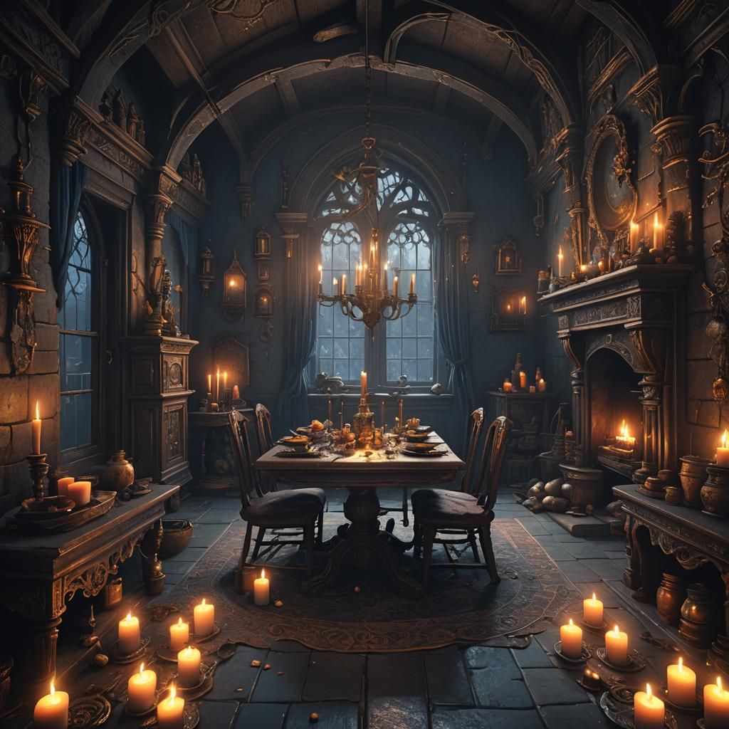 a small dark room with cod weds and candle light
