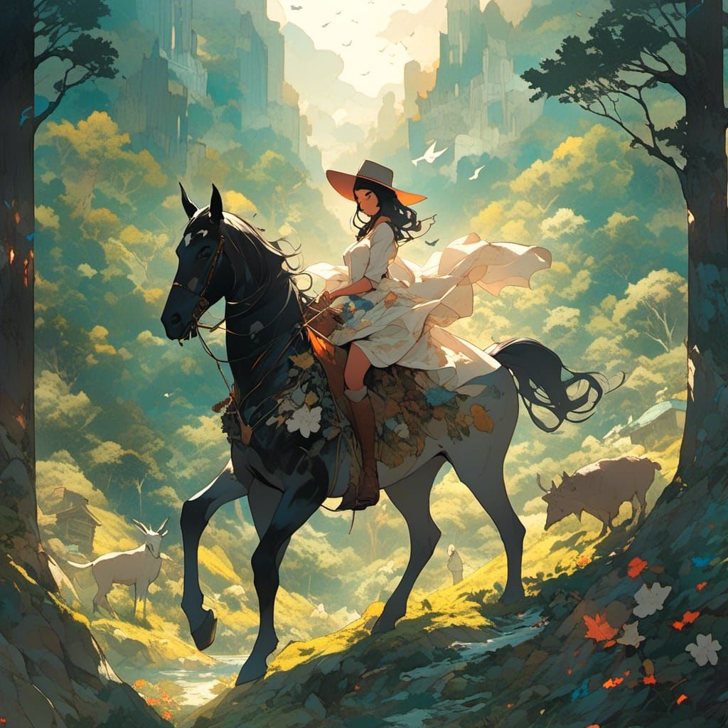 <lora:Endless Melody:1.0>cowboy riding in a valley/woman in ...
