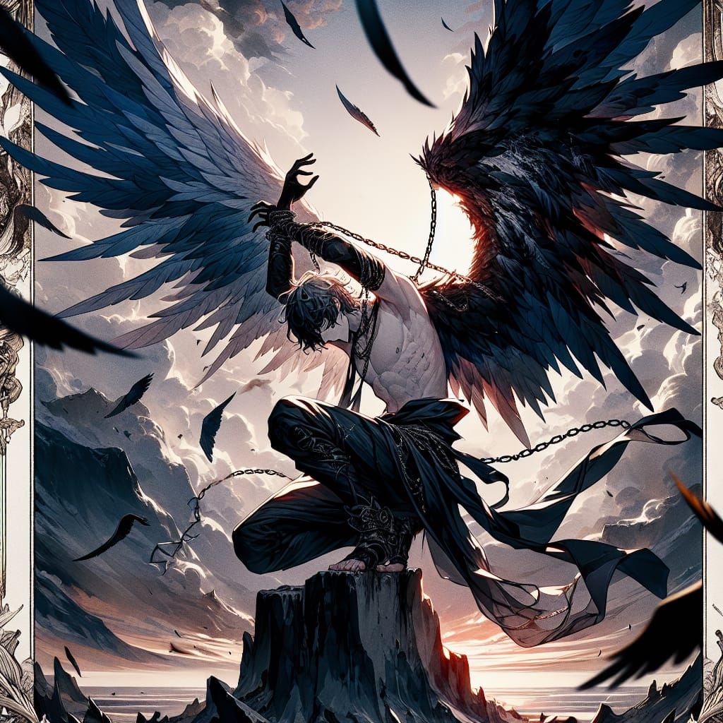 Beautiful Fallen Angel with black wings, arms wrapped in cha...