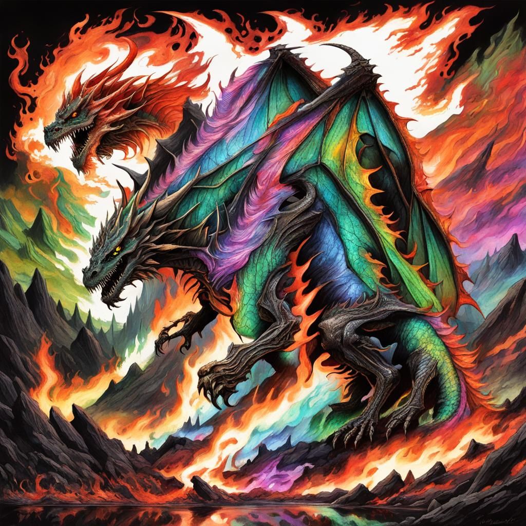(Gigantic menacing dusty flaming colorful skeletal dragon be...