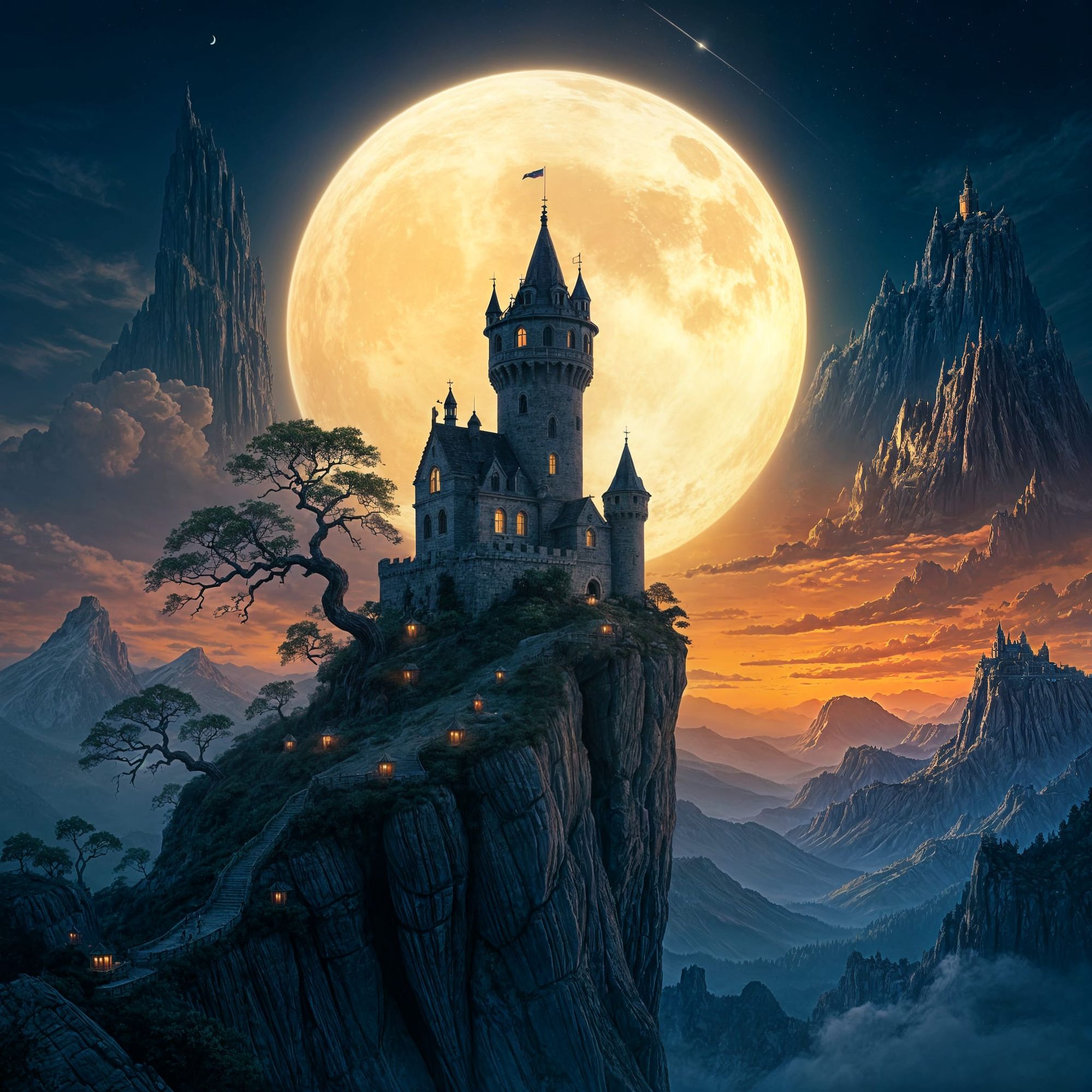 A lone, weathered castle perched precariously on a jagged, floating mountain peak, bathed in the ethereal glow of twin moons. The sky above ...