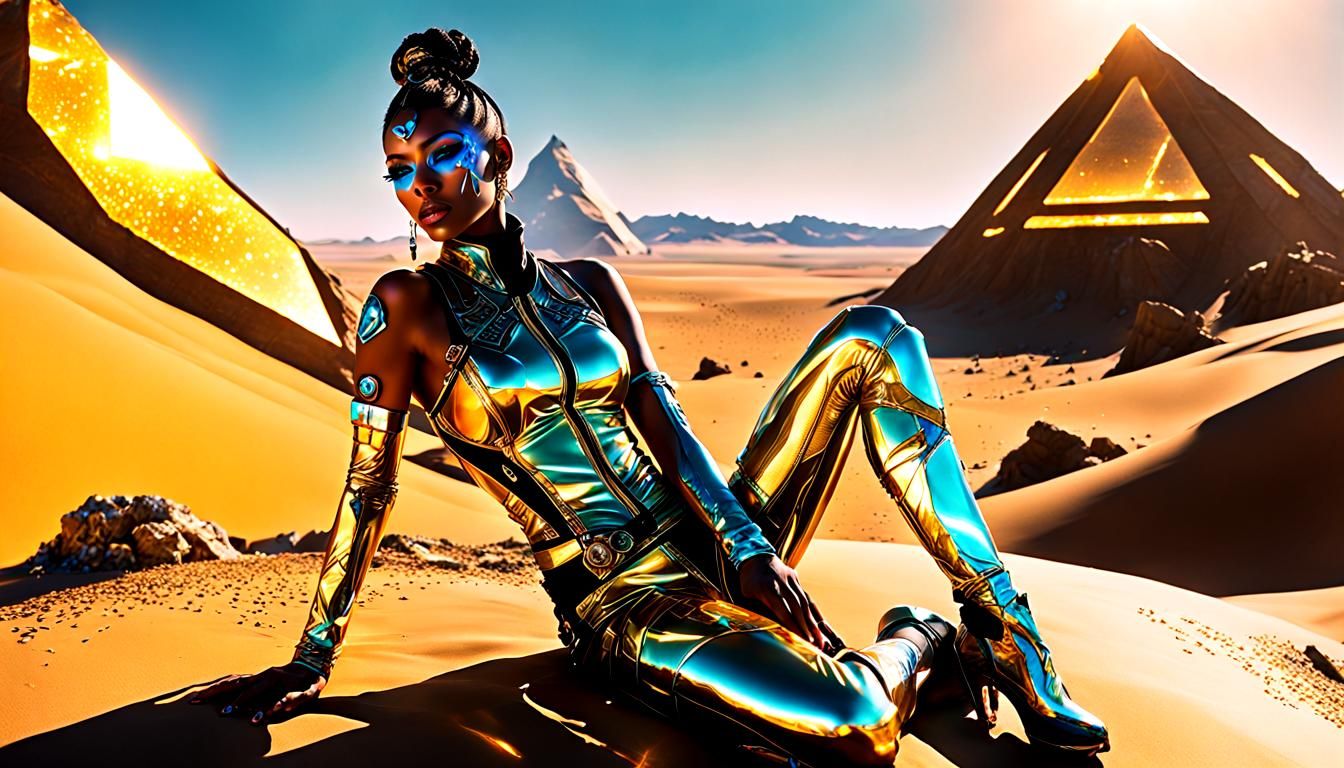 A cyberpunk girl topaz in rembed, shimmering neon vest and b...