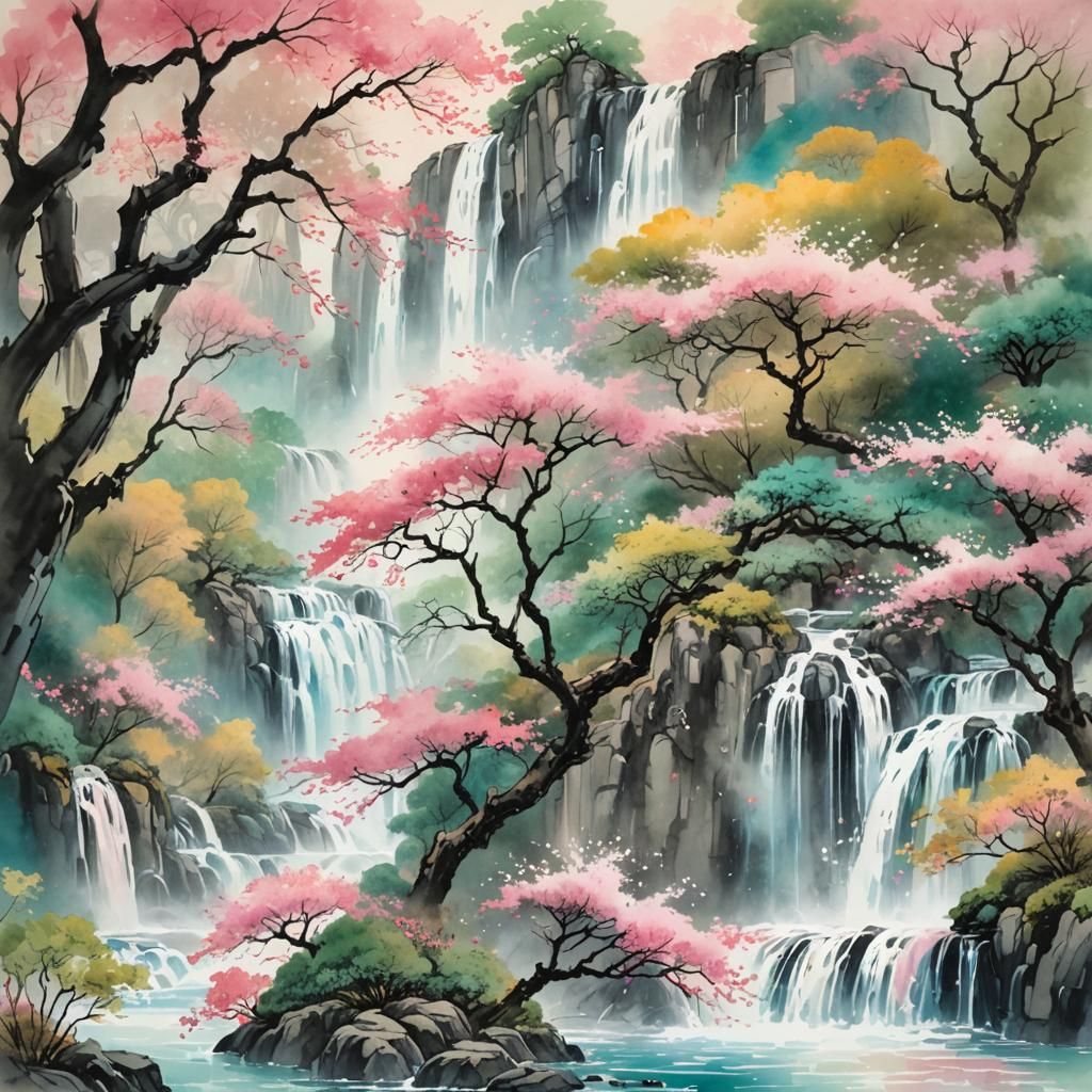 Soft muted hues of Chinese ink painting on textured rice paper, warm golden light casting through the intricate branches of a silk floss tre...