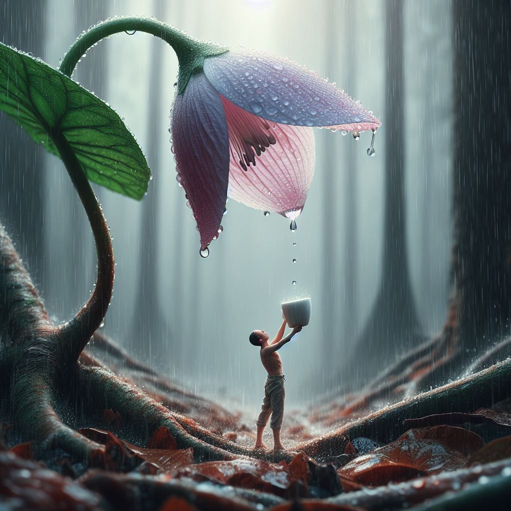 tiny human collecting in cup rolling raindrop from flower in raining forest