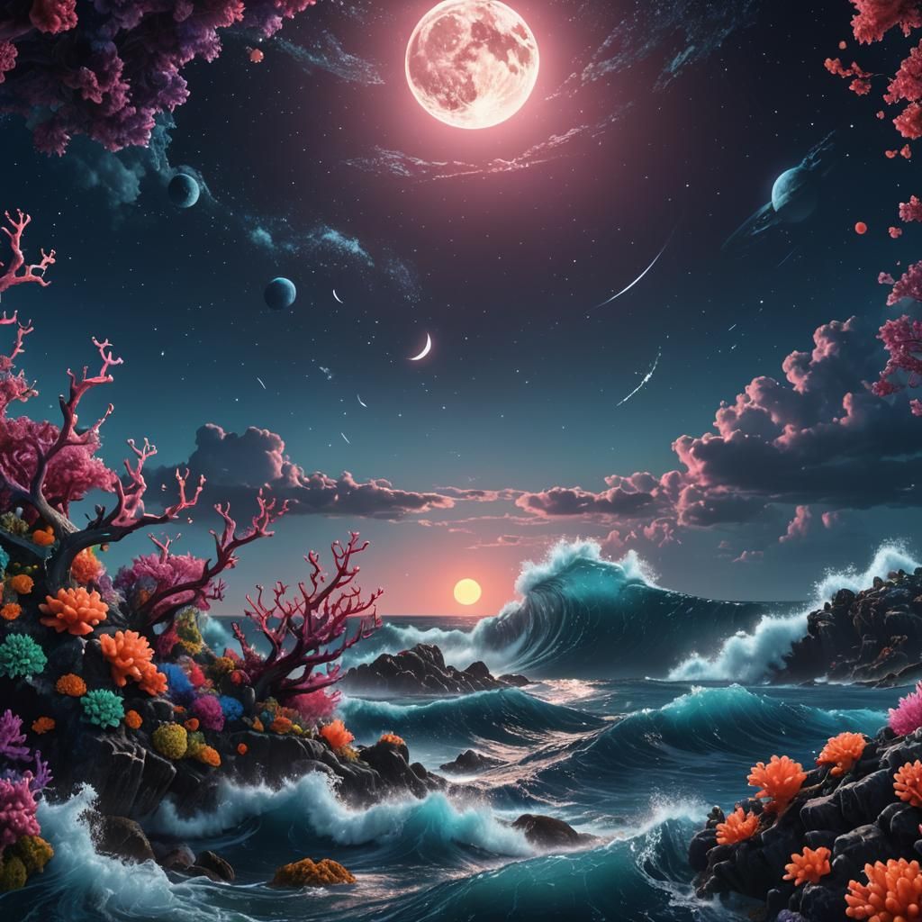 hyper realistic  ocean with neon-colored coral, with the moo...