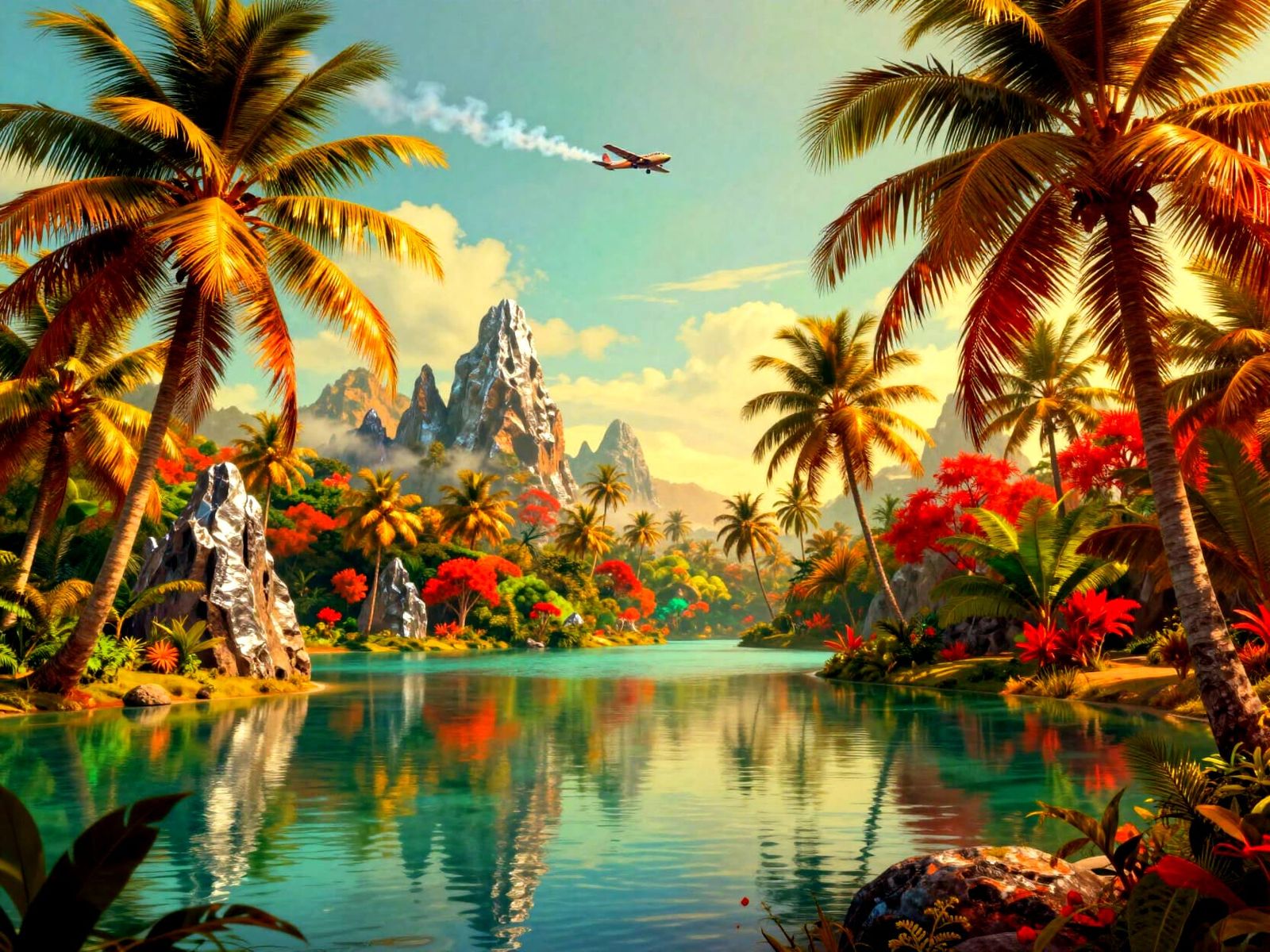 Dreamy Tropical Landscape with Plane and Lake