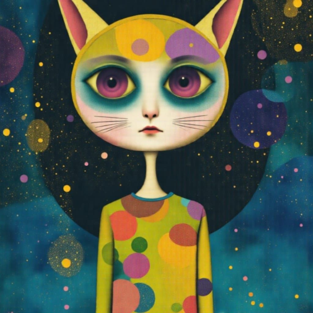 <lora:SurrealRetro:1.0> <lora:mmcollage:1.0> <lora:MJ Style:1.0> A tabby cat with unusually large, curious eyes peers through a spectral rif...