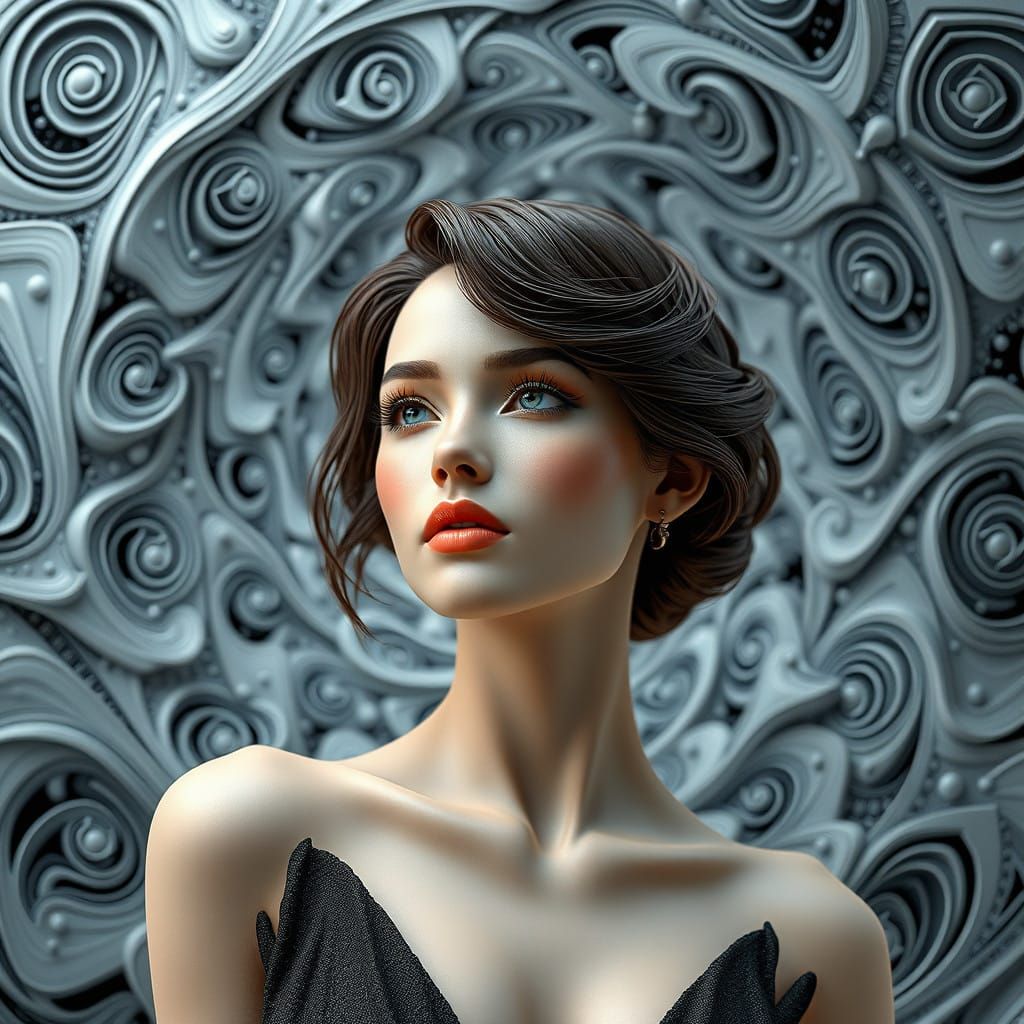 4K, 3D, stunning woman medium shot, RGB soft colors, black and white, color wheel, Arithmetic