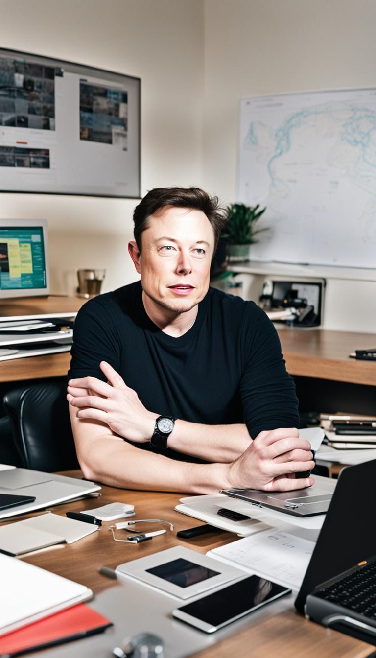 elon musk sitting, desk, laptop, color