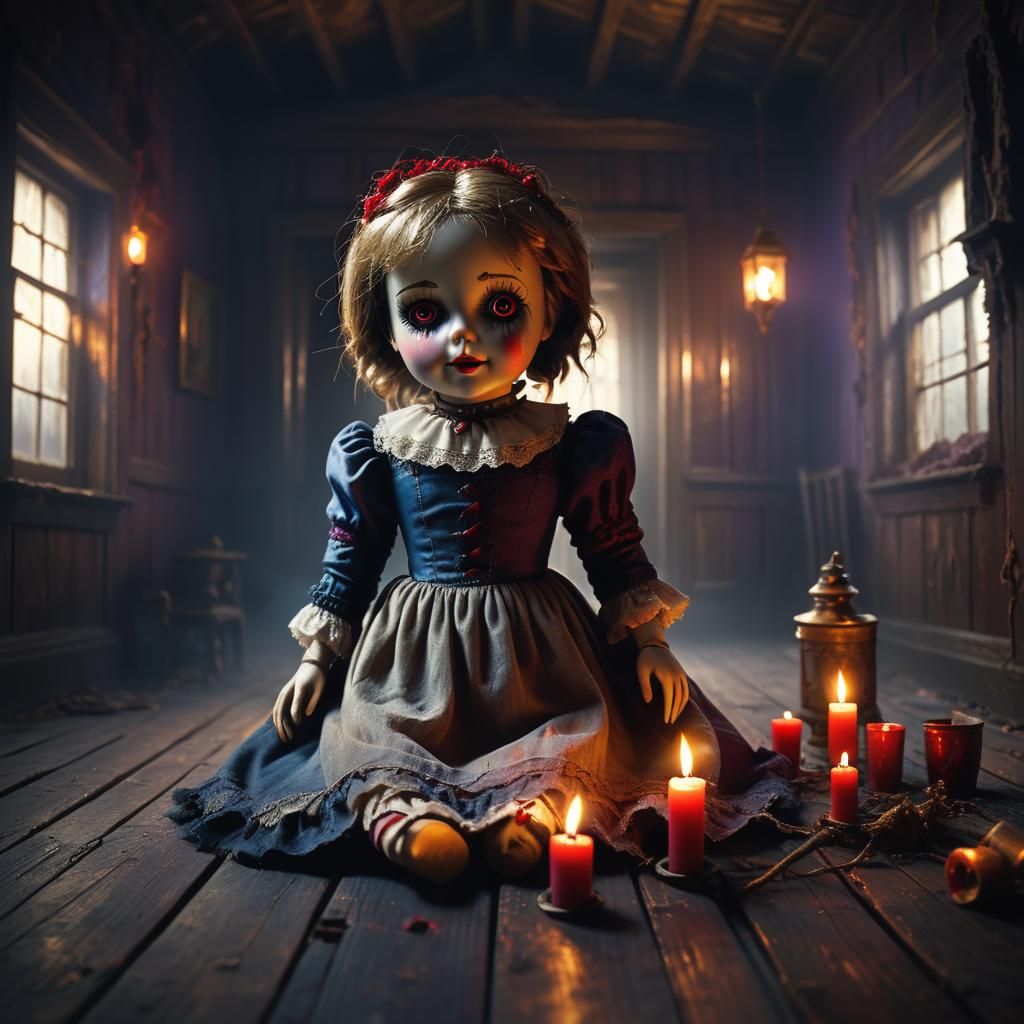 Haunted doll with red eyes being played with in a haunted house AI