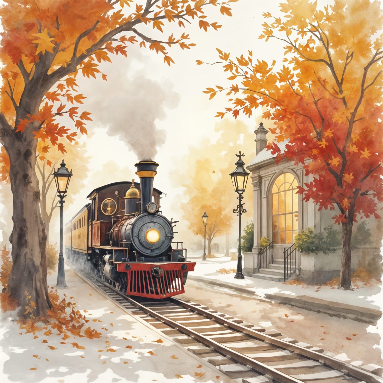 Whimsical Watercolor Steam Train in Autumn Station