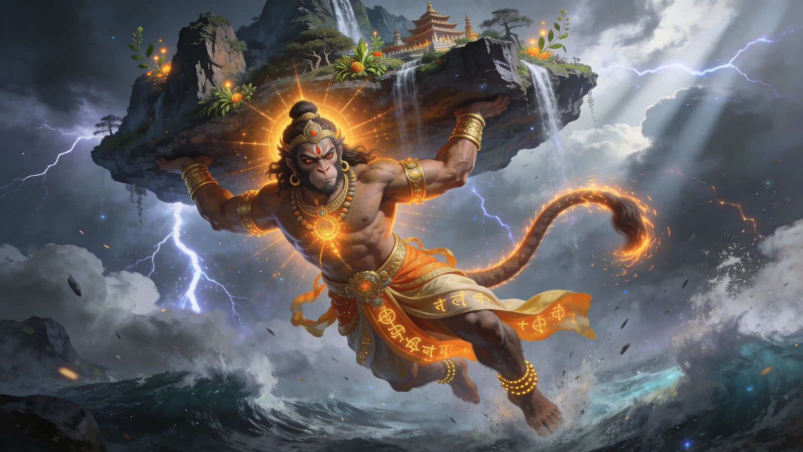 A mighty divine God-level avatar of Lord Hanuman soaring thr...