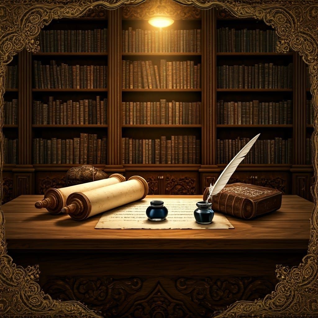 Traditional Jewish Scribe's Workspace in Elegant Gold and Br...