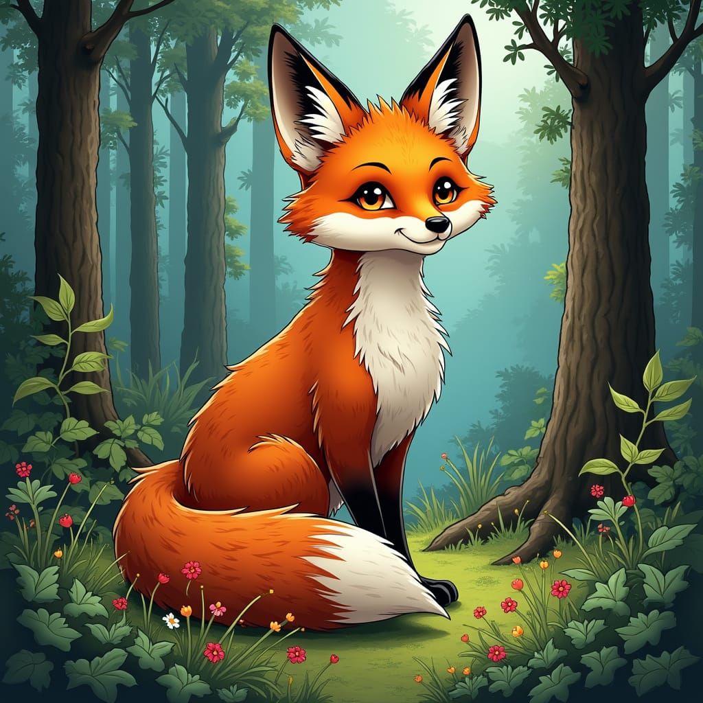 Fox in Lush Forest, Vibrant Illustration