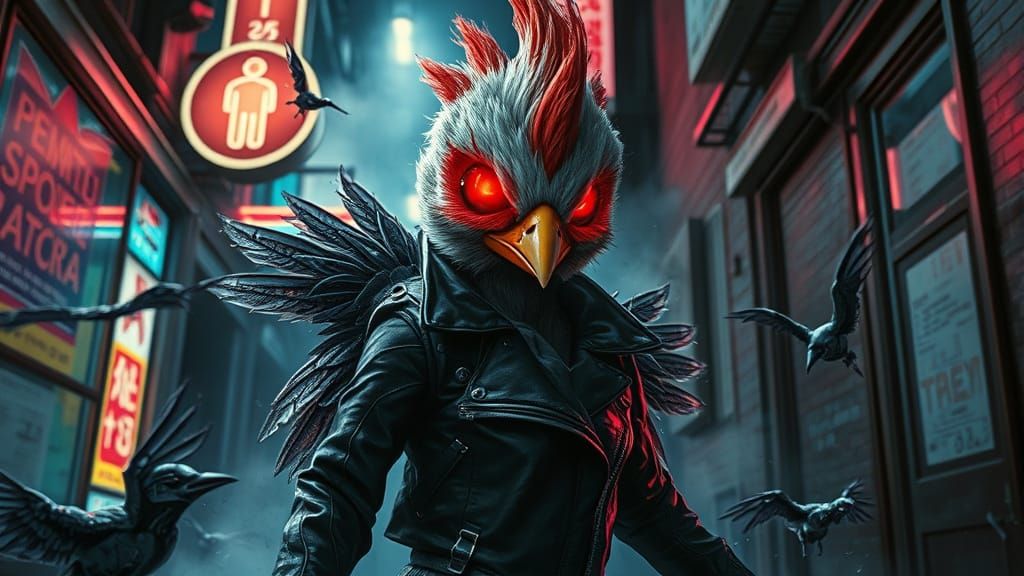 A futuristic grumpy chick with glowing red cybernetic eyes and metallic feathers storms through a neon-lit back alley in a dystopian city. S...