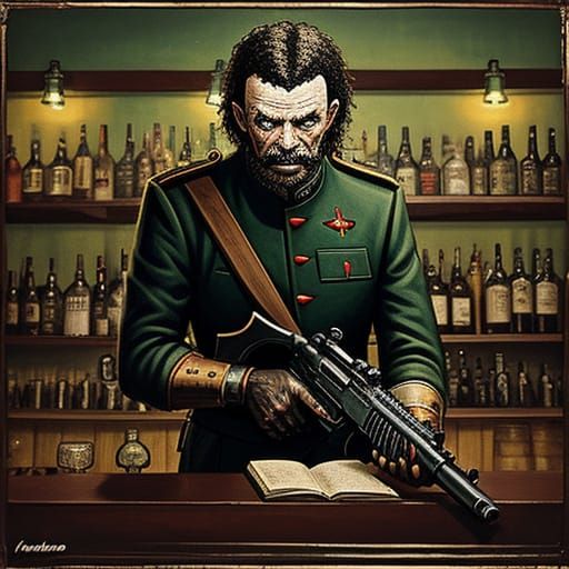 Roland the headless thompson gunner with no head,the setting is a bar in mombasa,in the style of a basil gogos painting.