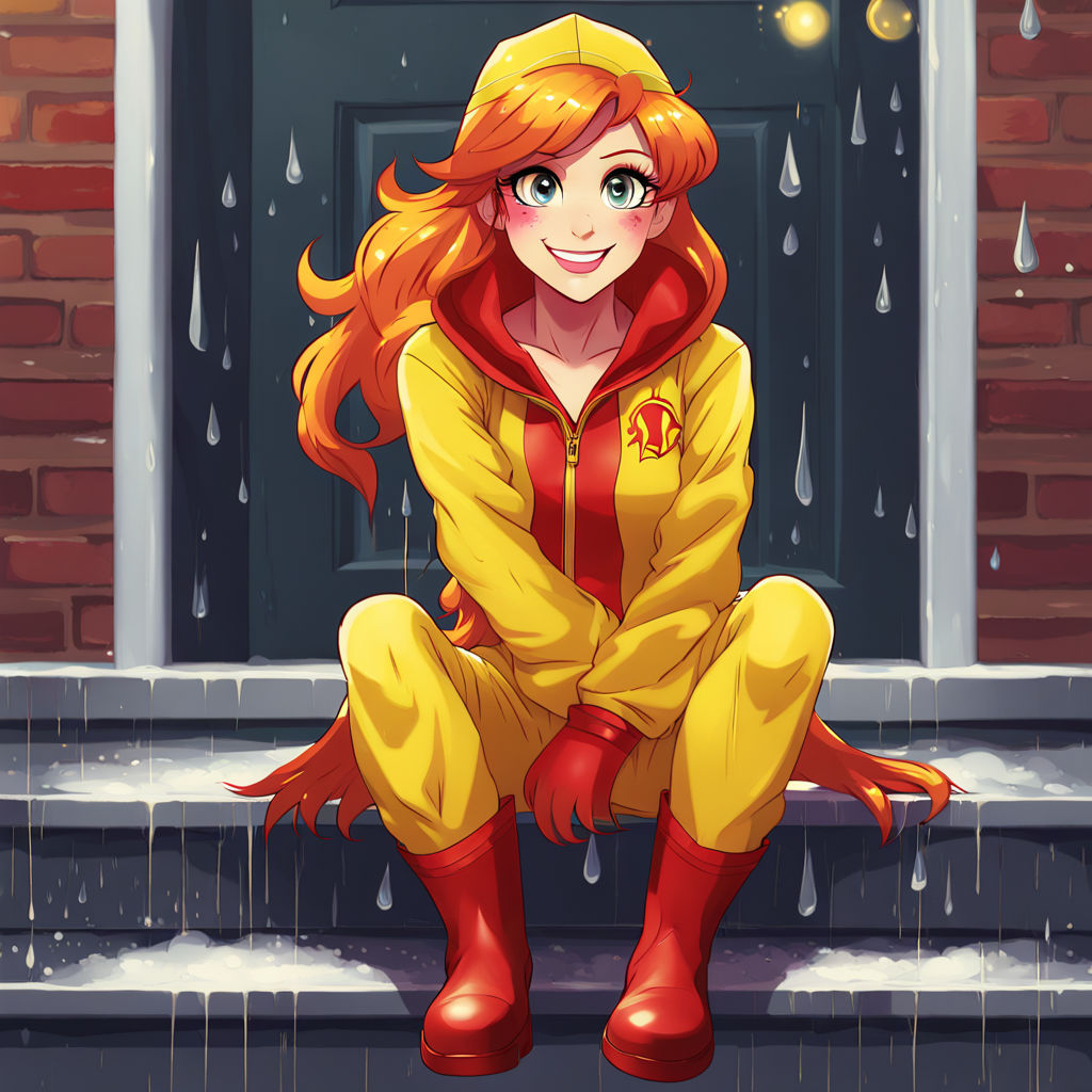 Human Sunset Shimmer wearing a rain-suit