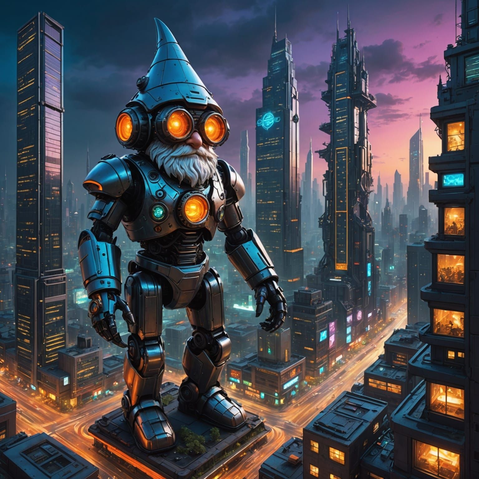 futuristic cityscape, technologically advanced gnome, towering skyscrapers, metallic body, high dynamic range, intricate gears, cybernetic l...