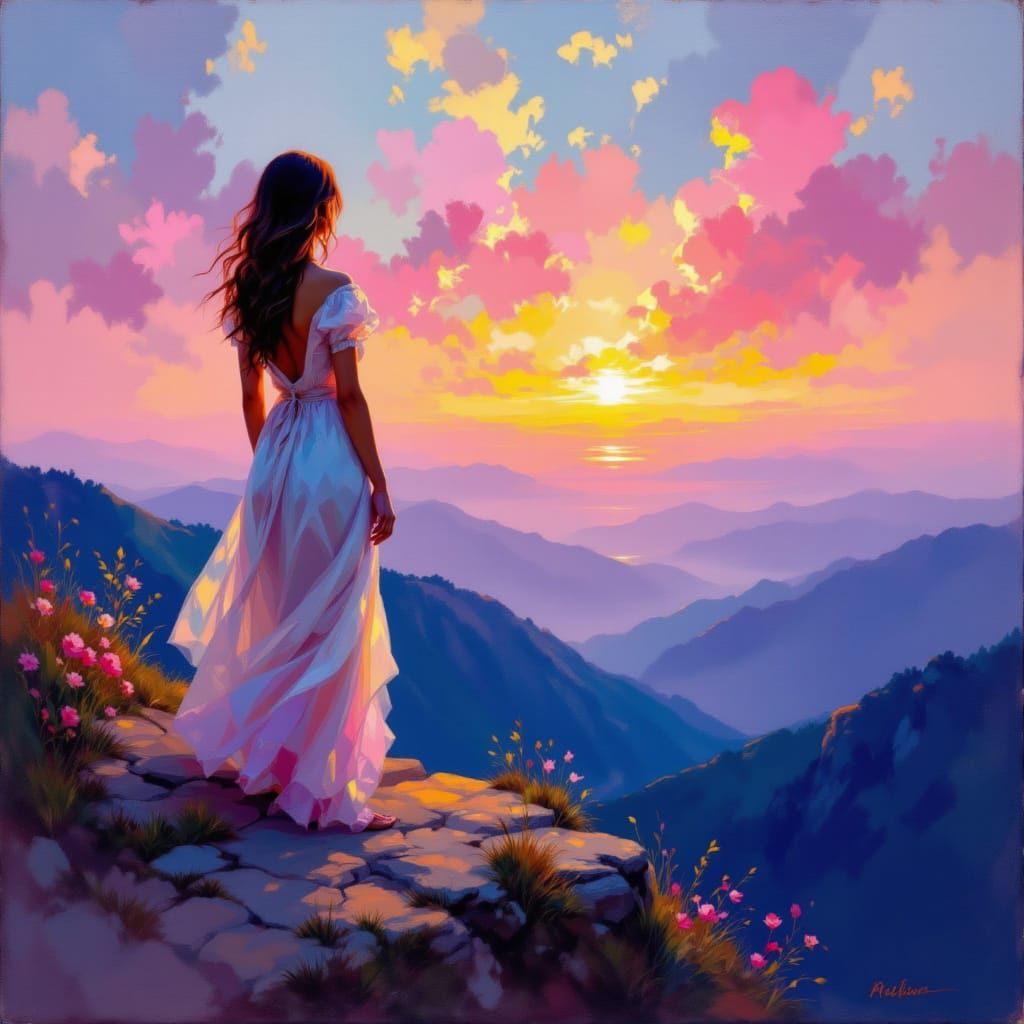 <lora:Painterly Or NotToBe:1.0> woman on a Cliff watching the sunset. Bright, vivid gradients of blue, lilac, fuchsia, and orange—veiled wit...