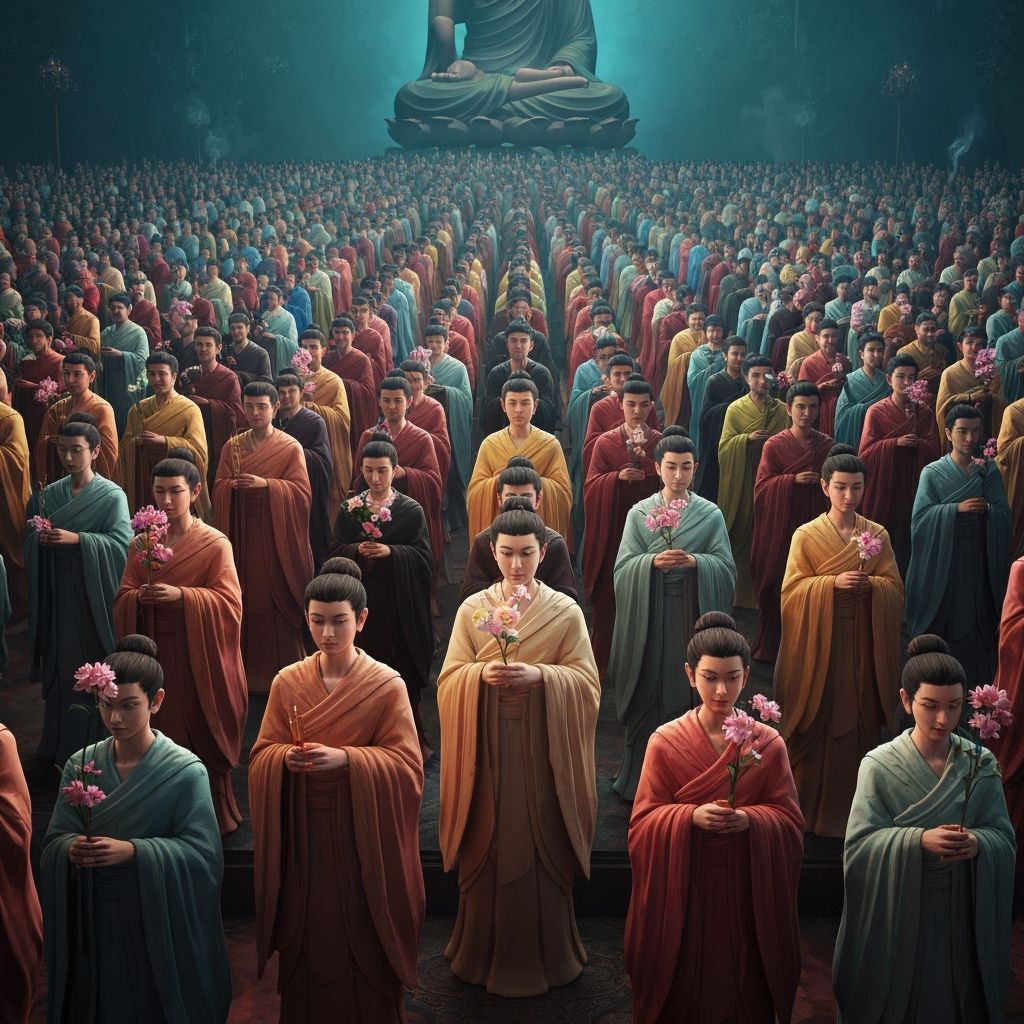 Millions of Beings Gather Around Buddha in Anime Style