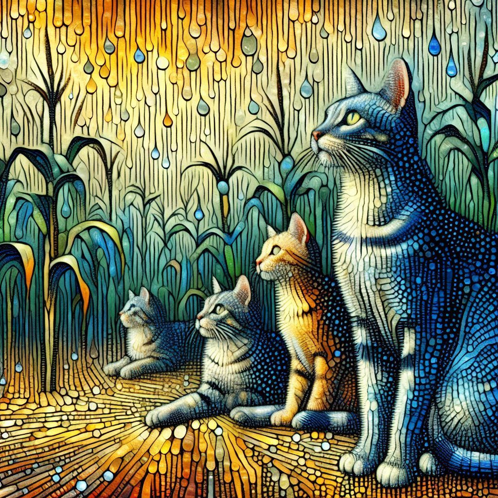 Field cats in the rain