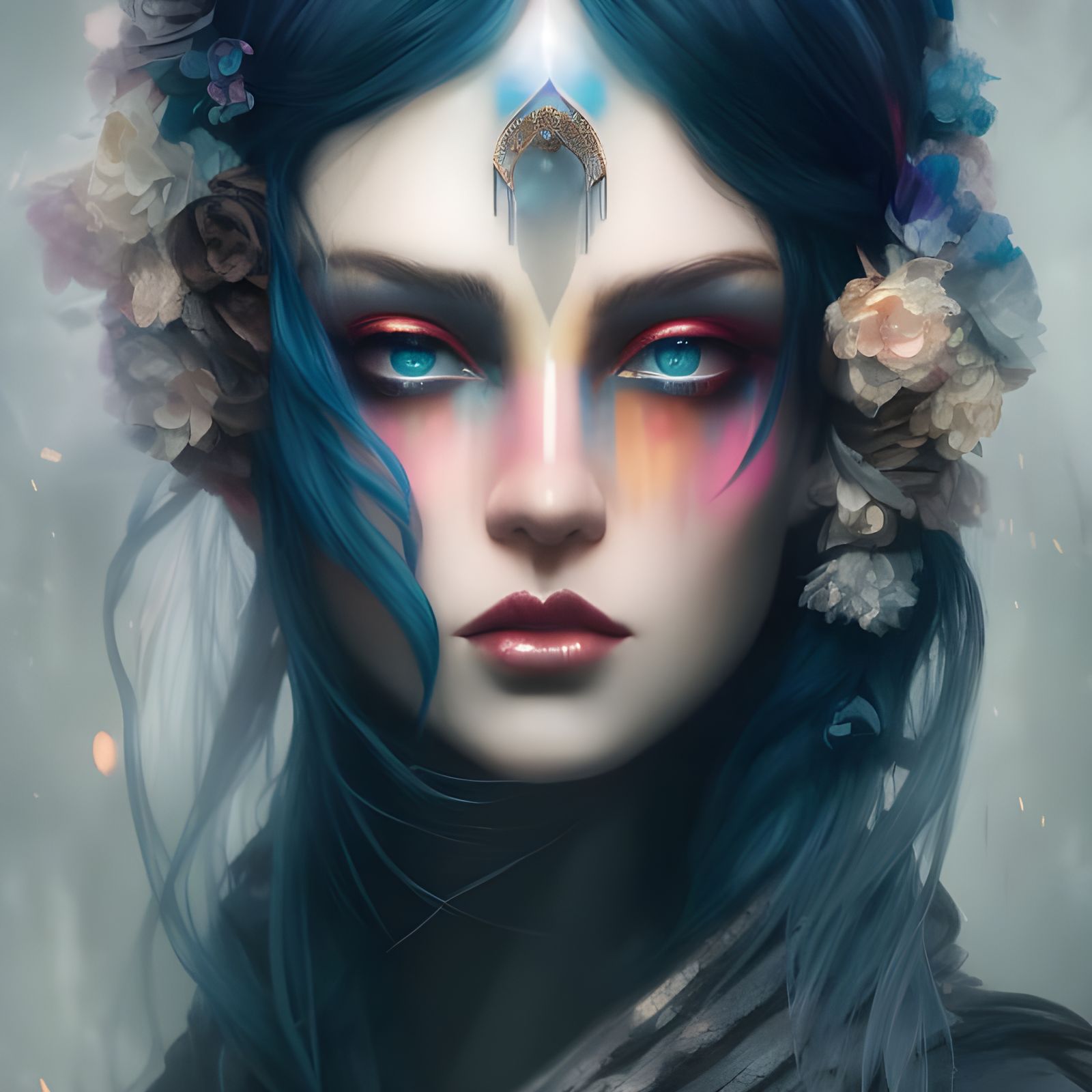 Blue eyed woman with flowers in her hair - AI Generated Artwork ...