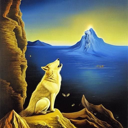 a gentle wolf howling on a mountain surrounded by fireflies ...