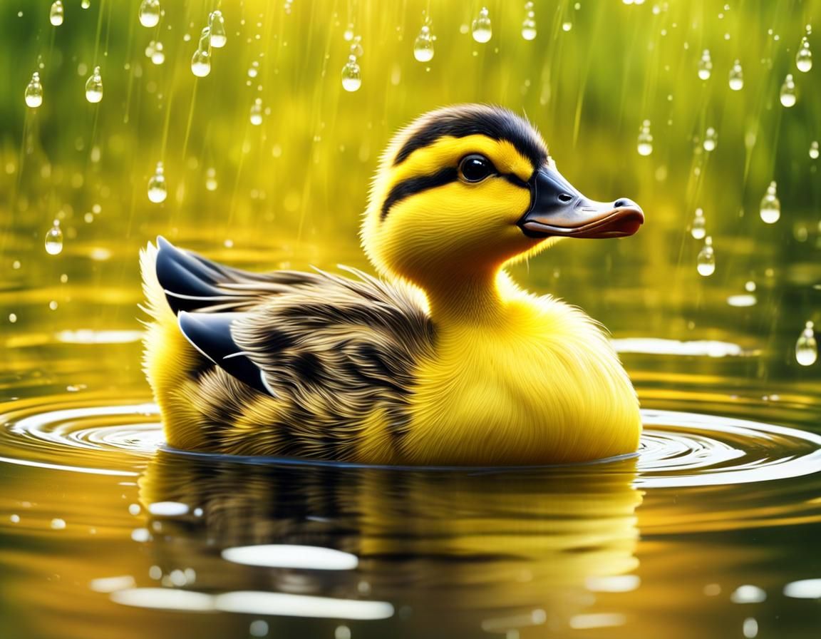 Cute little cartoon yellow  duck , wearing a  yellow rain jacket swimming in the lake  in a sun shower ...  by @  debster