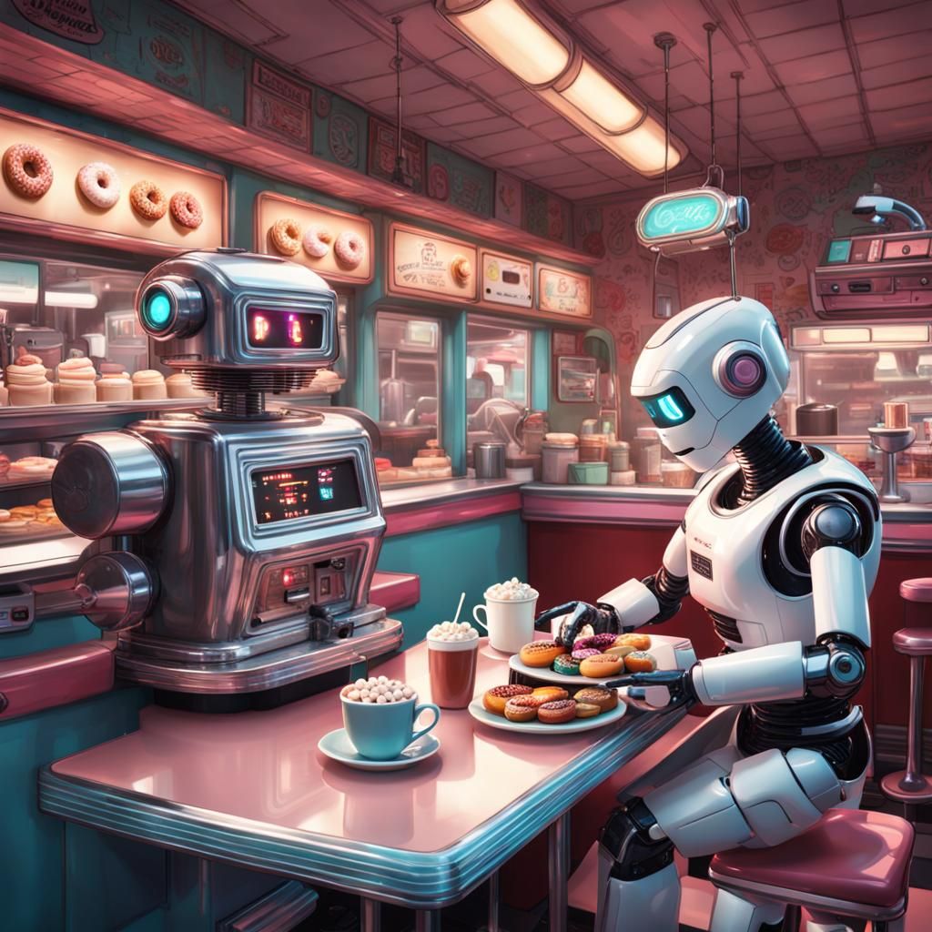 An intricate intelligent robot serving hot chocolate with marshmallows and donuts to a pretty 7