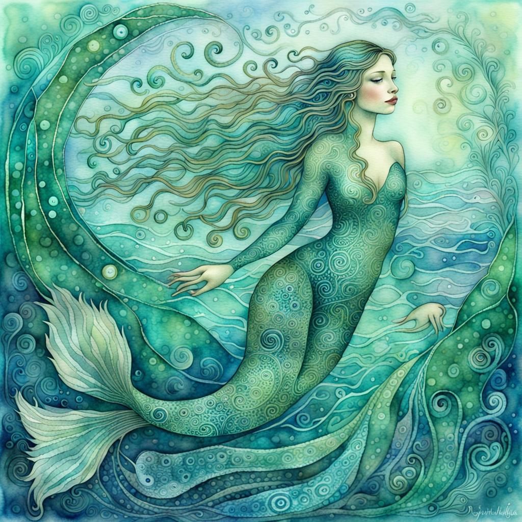 Surreal watercolor folk art. Mythical Irish selkie, in shimm...
