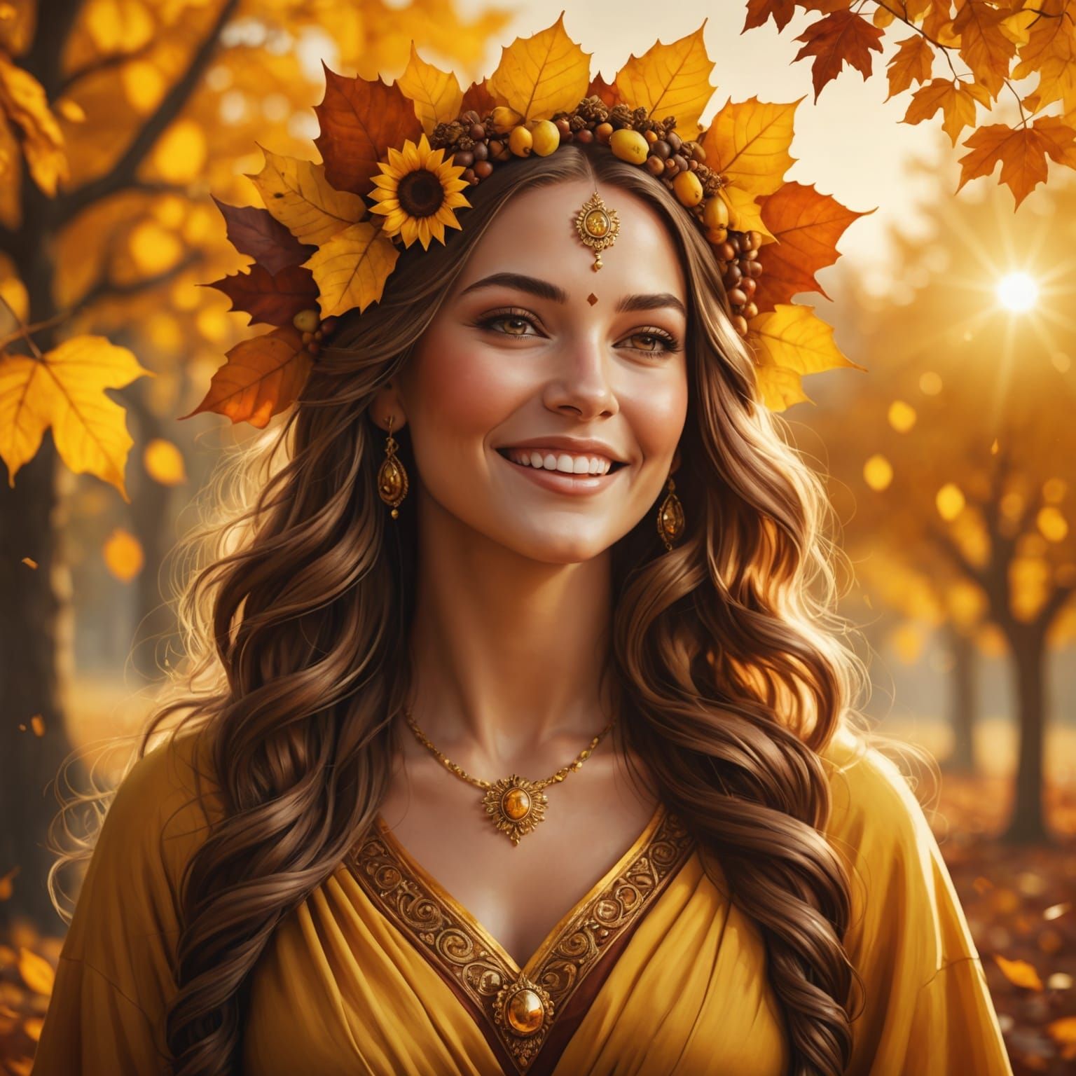 Photorealistic illustration of a beautiful happy goddess representing the season Autumn, warm colors, ...  by @Awkward Avocado 