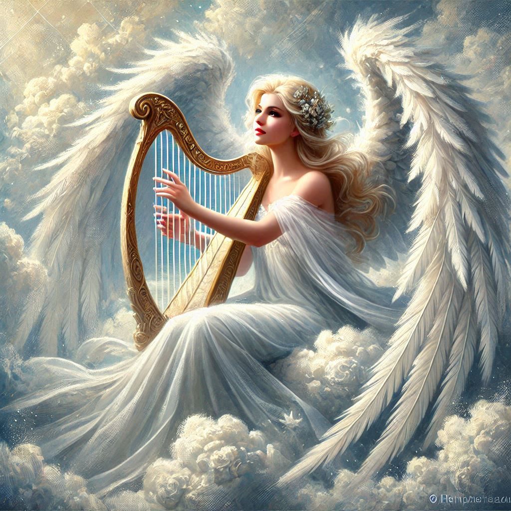 an angel plays harp in the clouds