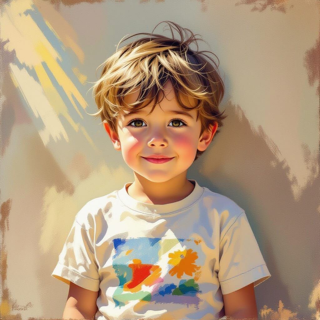 Impressionistic Painting of a Boy in Artistic T-Shirt